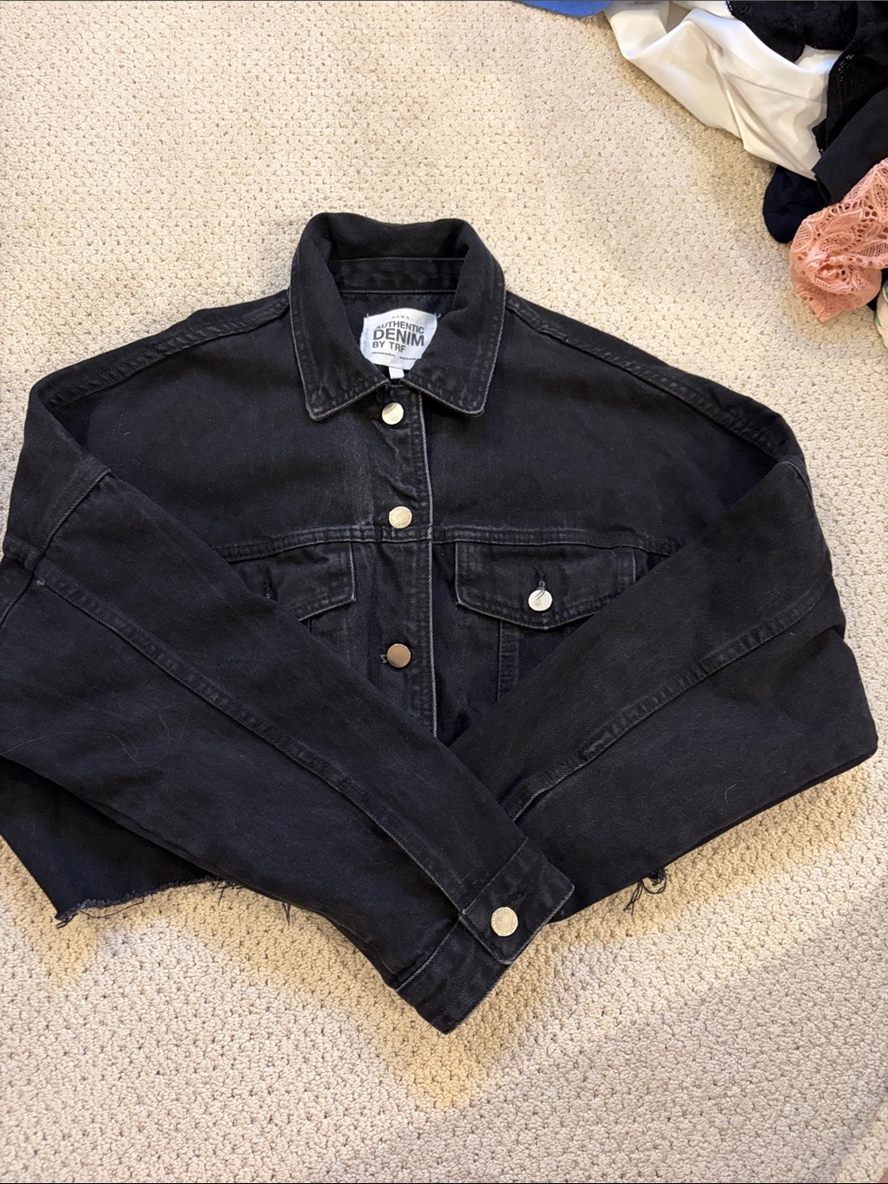 Zara Black Cropped Denim Jacket with Silver Buttons